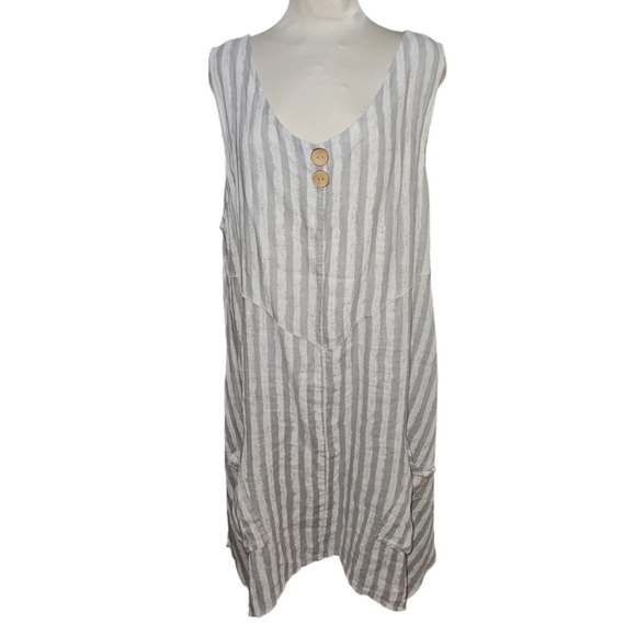 Linen Italy Tunic Dress Grey & White Stripe Bohemian Pockets - Picture 1 of 8